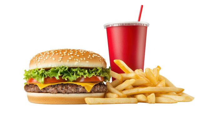 Delicious hamburger and crispy golden fries with a refreshing cold drink, the perfect meal