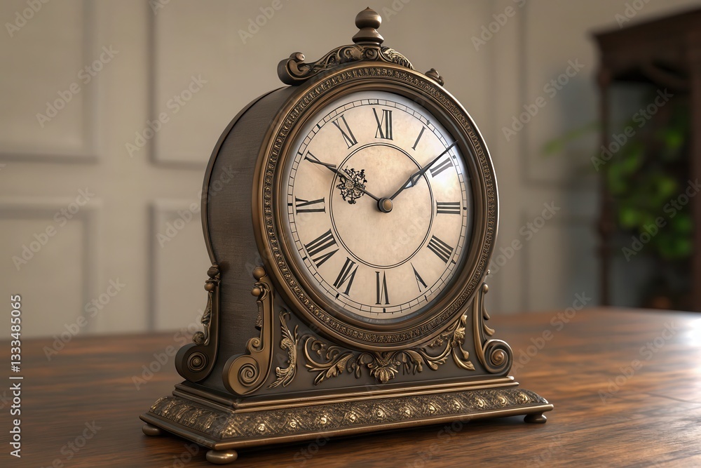Poster antique clock with roman numerals displayed on wooden table in low light environment generative ai