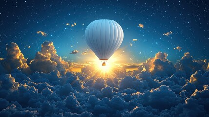 Hot Air Balloon Floating Above Clouds at Sunrise with Starry Sky in the Background