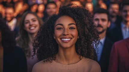 Obraz premium Happy Diverse Crowd at Event Smiling Woman Joyful Faces Trade Show Exhibition