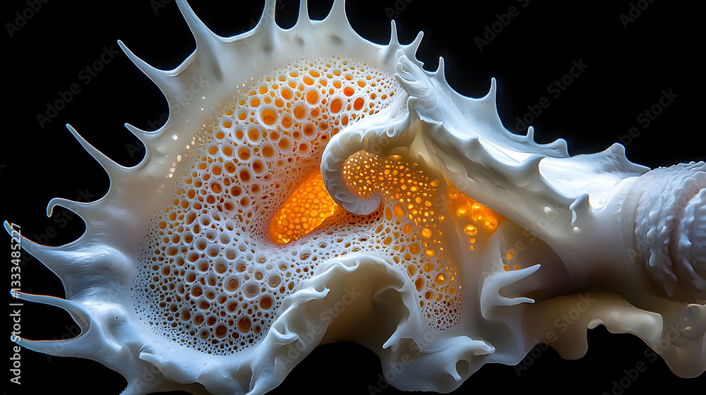 Poster extreme macro of complex patterns on a seashell with intricate textures and vibrant colors