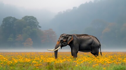 Elephant in misty flower field.