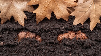 Soil and Earth science concept. Close-up of soil layer with autumn leaves and hidden roots beneath the surface.