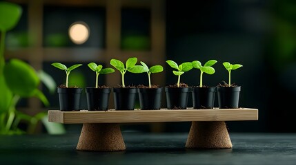Verdant seedling propagation trays arranged on a weathered wooden pedestal showcased in a natural history museum style study with a soft muted Scandinavian design aesthetic