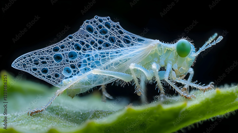 Poster extreme macro photography capturing a small leafhopper with intricate wings on a leaf