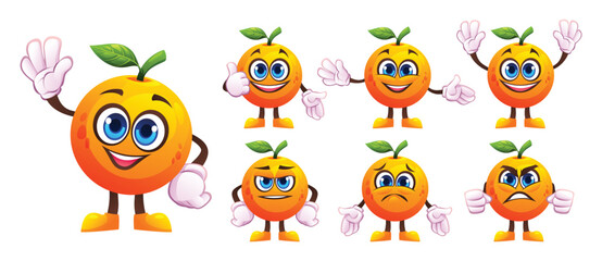 Set of cartoon orange characters with various facial expressions and gestures. Vector illustration
