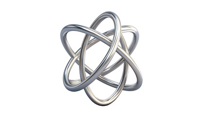 A complex, interwoven silver knot forms a symmetrical, three-dimensional shape.