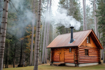 A small wooden cabin nestled among tall pine trees, with smoke curling up from its chimney.