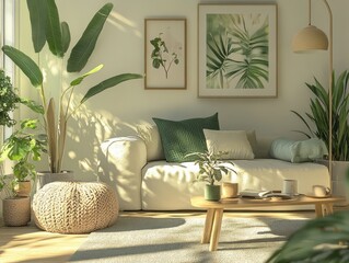 A living room with plants and natural sunlight