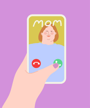 Calling mom on a mobile phone. Finger pressing call button.