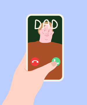 Calling dad on a mobile phone. Finger pressing call button.