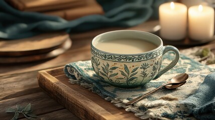 Warm Beverage in Teal Mug on Rustic Wooden Tray