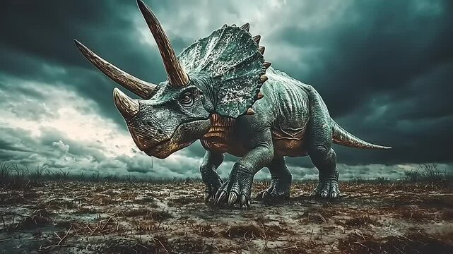 A detailed illustration of a majestic, hulking triceratops set against a stormy, dramatic sky.