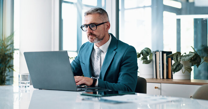 Accountant, laptop and mature businessman in office for financial analysis, budget review and company investment. Corporate, manager and person on computer for research, audit report and planning