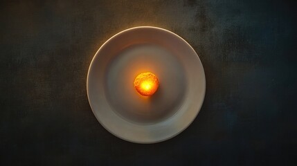 Minimalistic aesthetic of glowing spherical dessert placed on a simple white plate against dark textured background