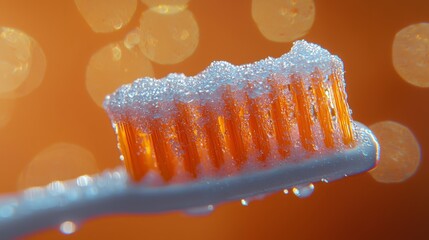 Close-Up View of Toothbrush with Bubbles and Orange Background