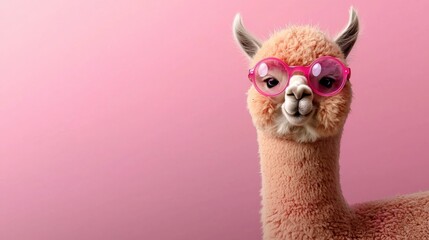 Obraz premium Adorable Alpaca in Pink Sunglasses Cute Animal Photo with Copy Space