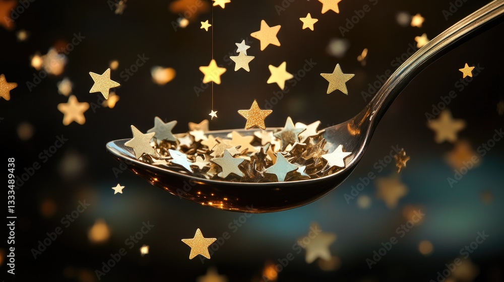 Poster golden stars falling into a silver spoon with a mysterious dark background and a soft glow enhancing