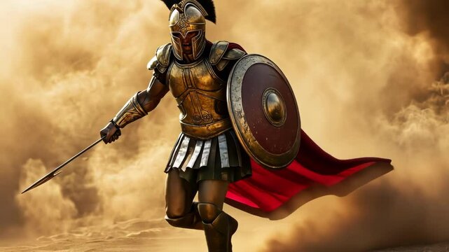 A valiant warrior armored and poised for battle amid swirling dust.