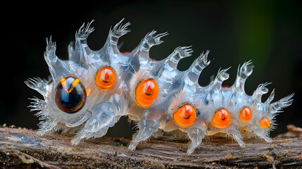 Extreme Macro Photography of a Colorful Caterpillar Crawling on a Wooden Twig in Nature