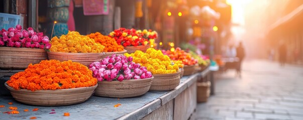 Vibrant flower baskets on street vendor stall illuminated by warm golden sunlight