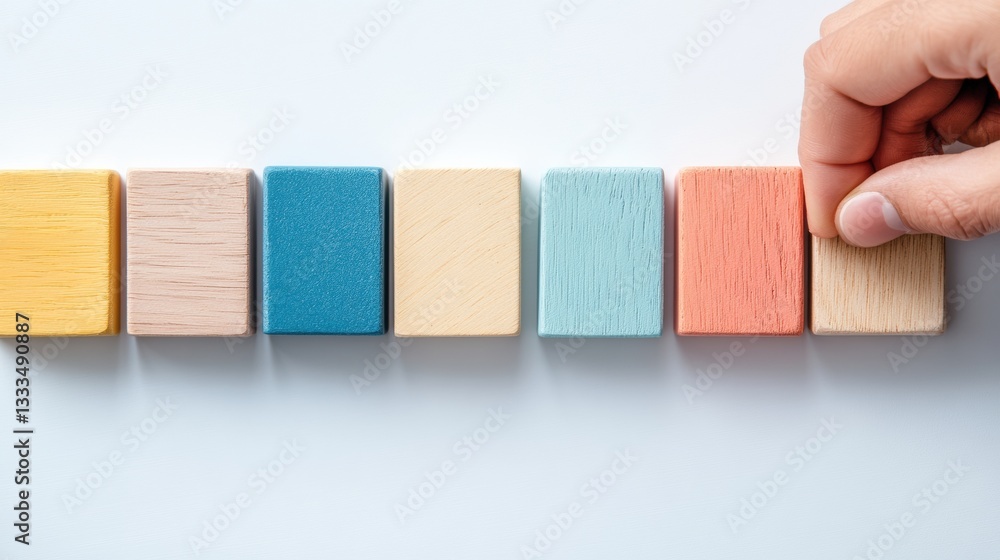 Poster Minimalist Progress Tracking Pastel Wooden Blocks Visualizing Workflow Optimization for Agile Project Management and Strategic Goal Achievement