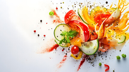 vibrant display of fresh vegetables, including sliced cucumbers, tomatoes, and bell peppers, artistically arranged with herbs and spices on white background
