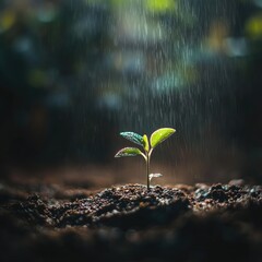 Tiny sprout emerging from soil, bathed in rain (1)