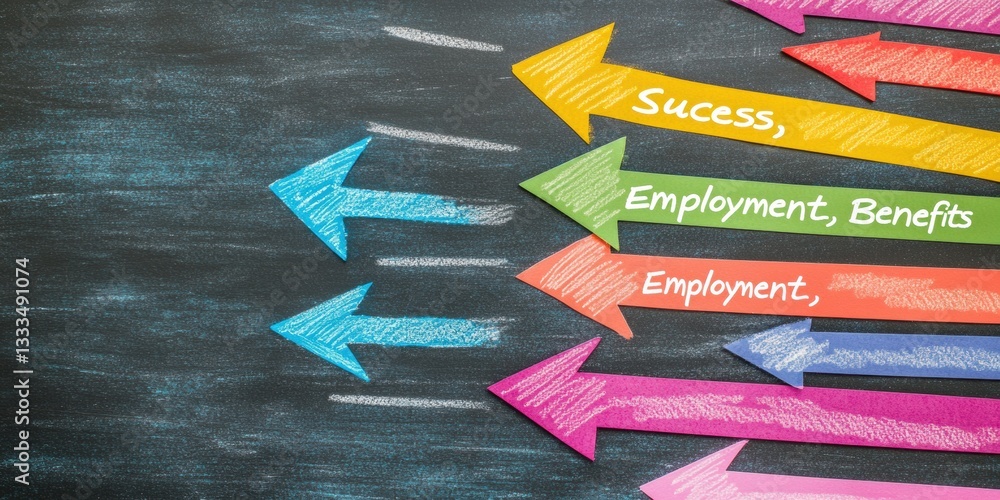 Poster dynamic career roadmap vibrant chalk arrows visualizing professional growth, skill development, and 
