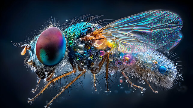 Extreme Macro Photography of a Fly's Eye Showcasing Intricate Facets and Vibrant Colors