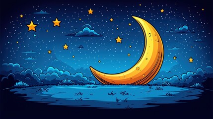 Naklejka premium Serene Night Sky with Crescent Moon and Twinkling Stars in a Dreamy Landscape Scene