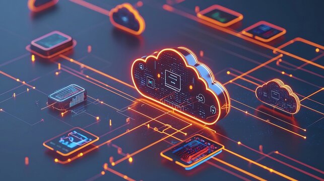 Wireless technology visualization multiple smart devices connected to a secure cloud system glowing network lines and futuristic UI