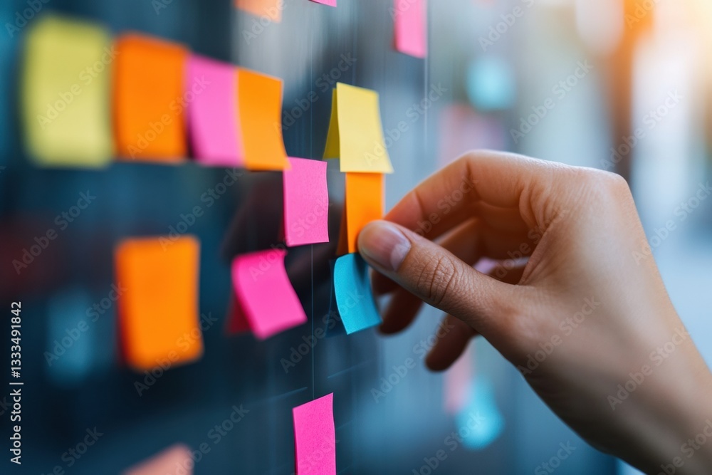 Poster Agile Workflow Visualization Minimalist Hands Organizing Vibrant Post-It Notes - Dynamic Project Management and Creative Strategy Mapping for Digital Transformation