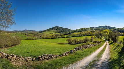 Obraz premium Scenic Road Panorama in Countryside on Sunny Spring Day
