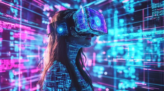 Woman a futuristic VR experience glitchy cyberpunk aesthetics surrounding her digital matrix of neon blue and purple holograms