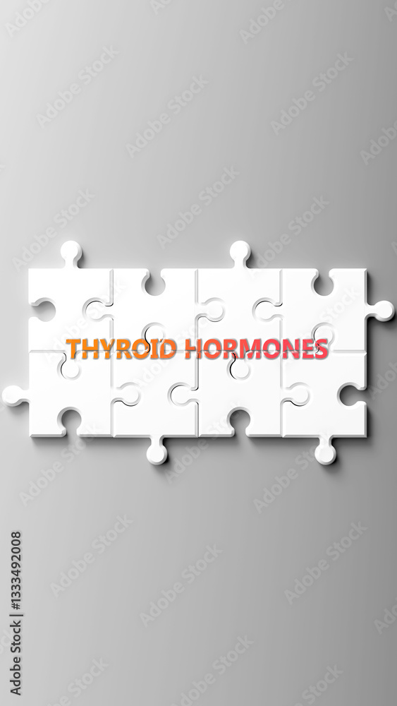 Poster thyroid hormones complex like a puzzle - pictured as word thyroid hormones on a puzzle pieces to sho