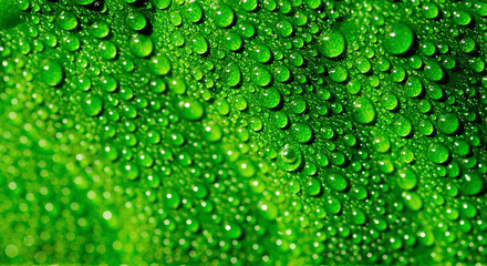 Green leaf with water drops, selective focus with shallow depth of field.