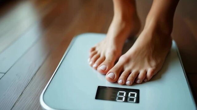 a woman stands barefoot on an electronic scale. A woman's weight is shown on the scale display.