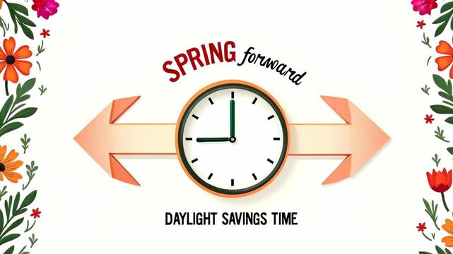 Floral pattern on the edges. In the center is a clock with green hands showing 2 o'clock. Above the clock is the inscription "SPRING forward", and below them "DAYLIGHT SAVINGS TIME".