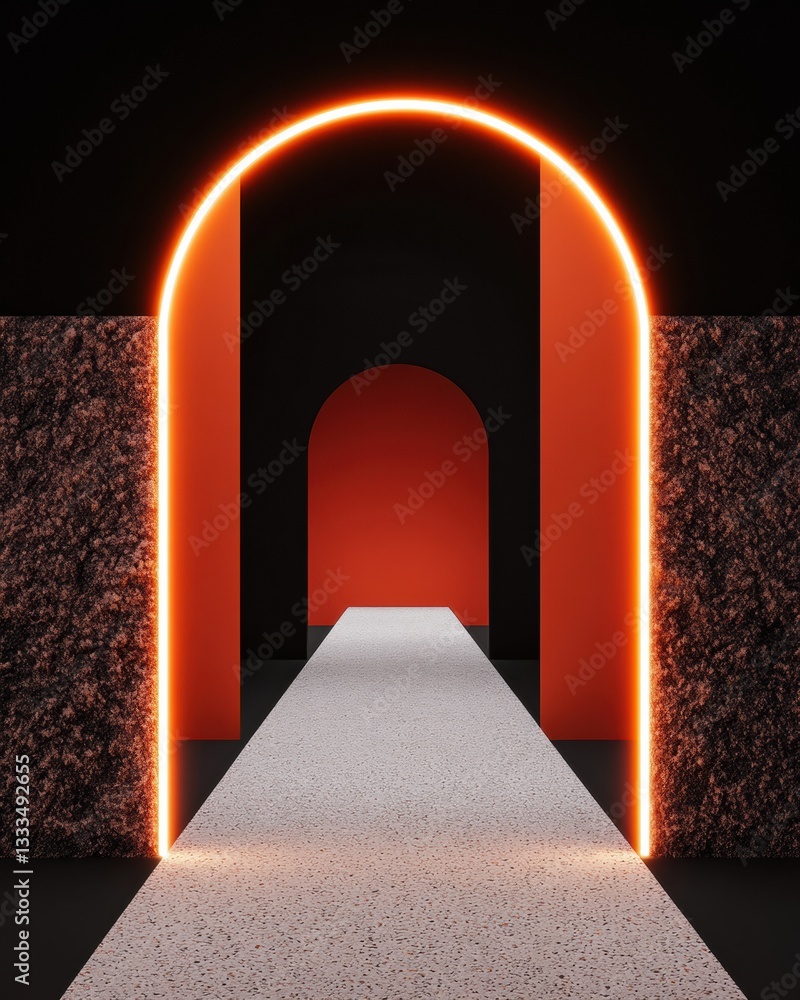 Poster futuristic portal design immersive digital gateway with neon orange arch and minimalist concrete pat