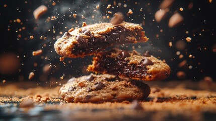 Fototapeta premium Delicious Chocolate Chip Cookies Falling with Crumbs and Dust