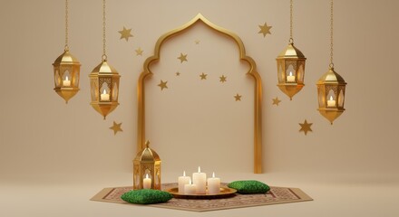 Elegant Arrangement of Lanterns, Candles, and Decor on a Textured Surface with Stars