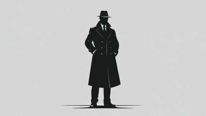 Mysterious figure in a trench coat and fedora stands confidently against a minimalist background, evoking intrigue
