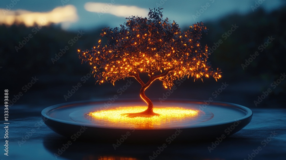 Poster illuminated tree in a serene atmosphere with soft glow and warm light effects capturing nature's bea