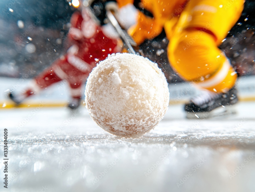 Poster high-performance ice hockey dynamic action frost-flecked puck moment in ultra-sharp 8k - professiona
