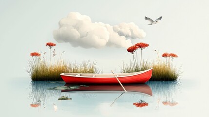Red Canoe Moored on Tranquil Lake Surrounded by Lush Greenery and Soft Clouds