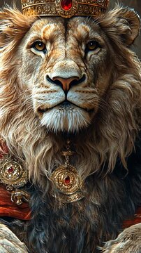 Regal lion king, majestic portrait, golden crown, royal regalia, regal look
