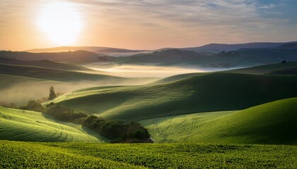 Obraz premium misty green hills a serene sunrise landscape