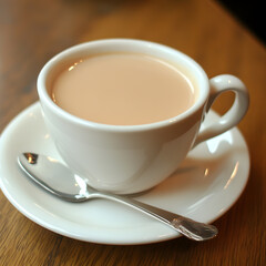 warm cup of French cafe au lait served in traditional white cup on wooden table, accompanied by silver spoon, creating cozy atmosphere