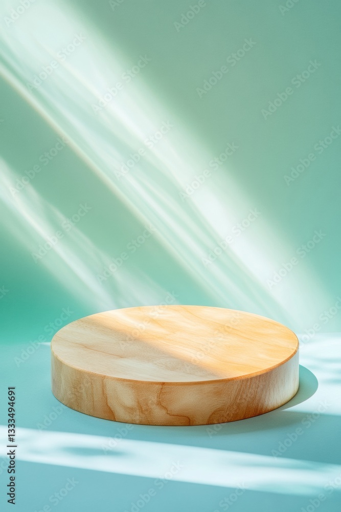 Poster minimalist nordic design natural maple podium with ethereal light trails - sustainable product displ